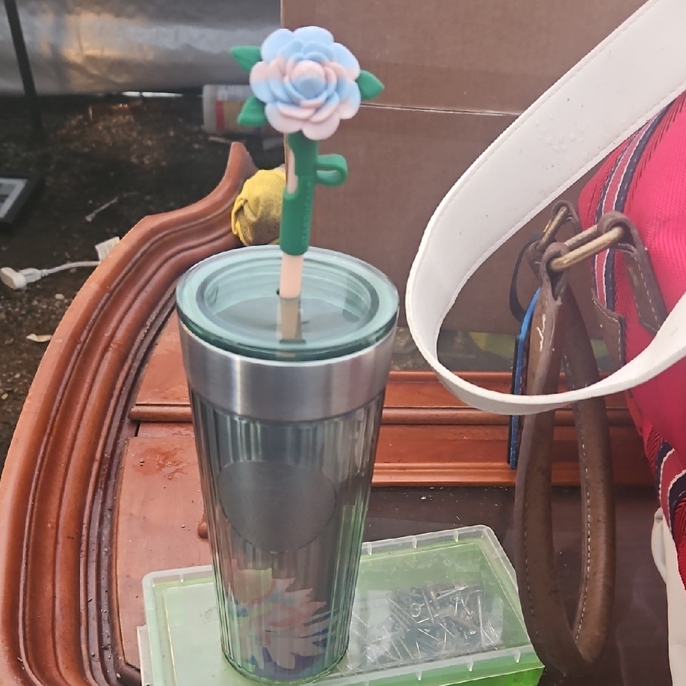 Floral Tumbler with Straw - Silver and Green